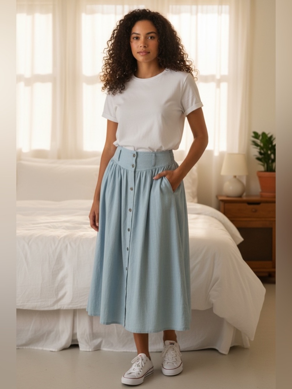 VTG 90s Chambray Blue Midi A-Line Skirt with Pleats Buttoned S